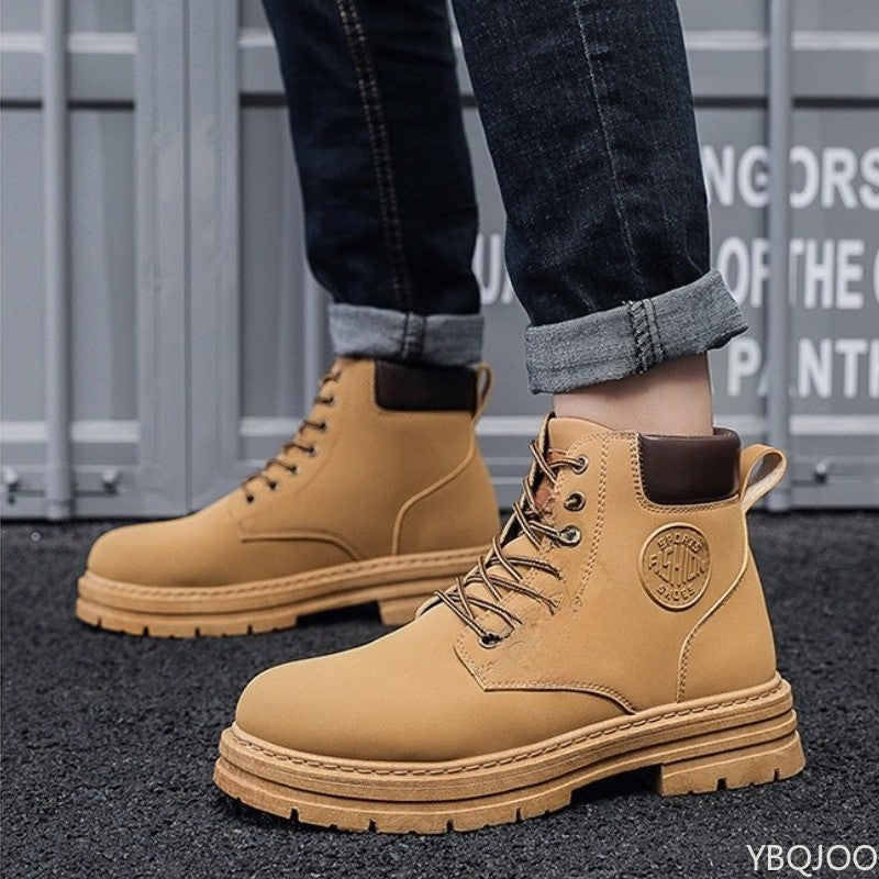 Bota Masculina Cano Alto Aumento de Altura Sola Grossa Primavera Outono Tamanho Grande Tendência Nicho Versátil Antiderrapante Bota Curta