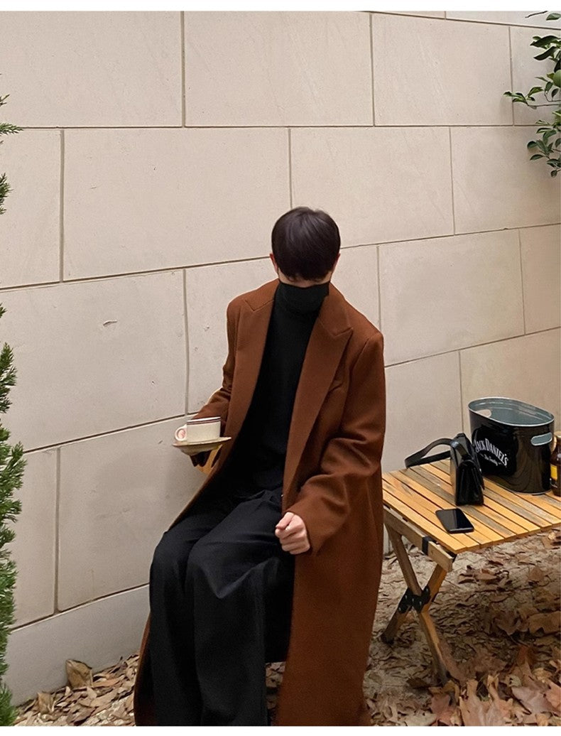 Mauroicardi Autumn Winter Long Warm Coffee Black Soft Woolen Coat Men Double Breasted Loose Casual Wool Blends Overcoat 2023