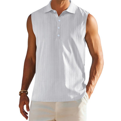 Men s Sleeveless Collared Tank Tops with Textured Stripes and Half Button-up Detail Solid Color Casual Shirts for Summer Wear