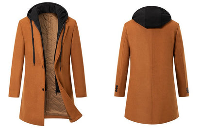 Men's Thickened Fake Two-Piece Wool Blend Overcoat, Hooded Long Coat Man, Autumn Winter Solid Color Slim Windbreaker Men