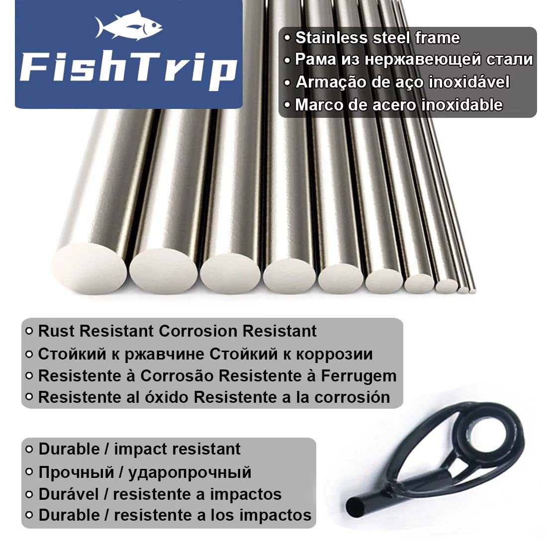 FishTrip Fishing Rod Guide Tip Repair Kit Black Top Tip Replacement 5-50pcs Stainless Steel Frame Ceramic Ring Building Repair