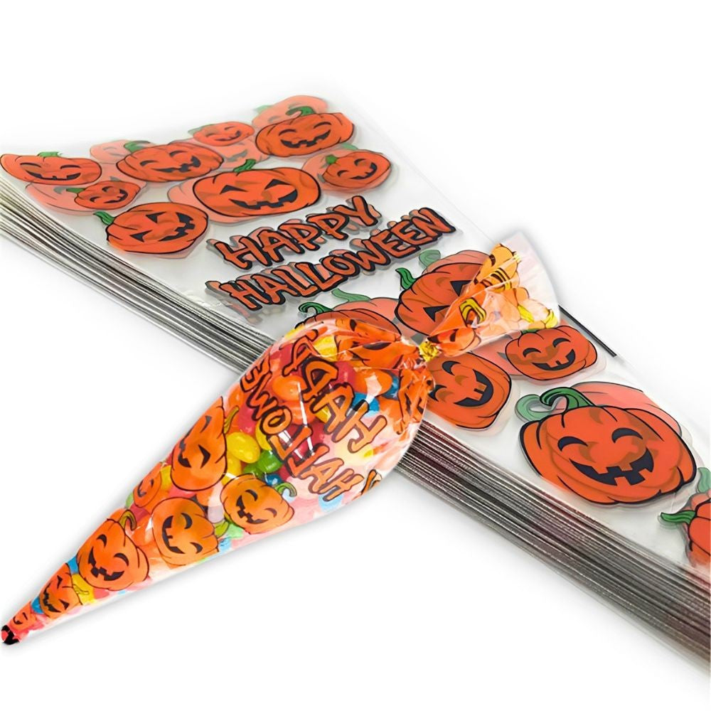 50/100pcs Cute Pumpkin Triangle Candy Bags Happy Halloween Print Cone Snack for Party Giveaways YMY