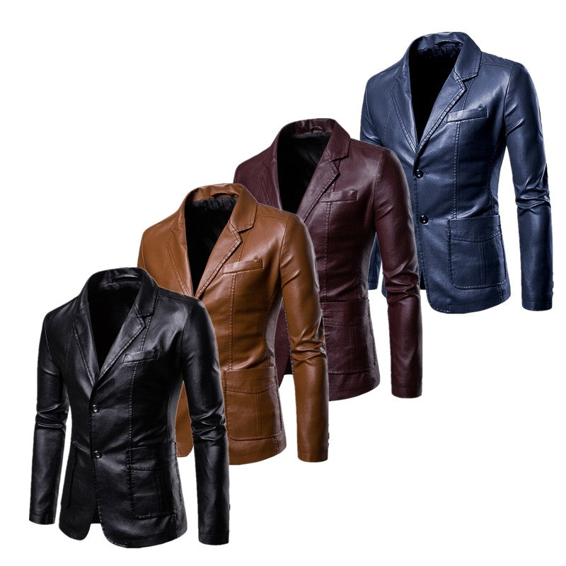 Spring/Autumn Leather Jacket - Plus Size Men's Youth Suit Collar Business Casual Leather Jacket European Sizes XS-3XL