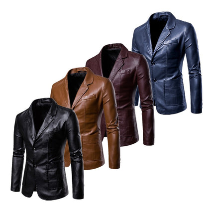 Spring/Autumn Leather Jacket - Plus Size Men's Youth Suit Collar Business Casual Leather Jacket European Sizes XS-3XL