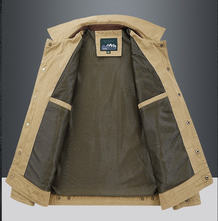 Autumn Khaki Men's Collared Long-Sleeve Jacket, Army Green Casual Outerwear, Navy Blue Loose-Fit Top Coat.