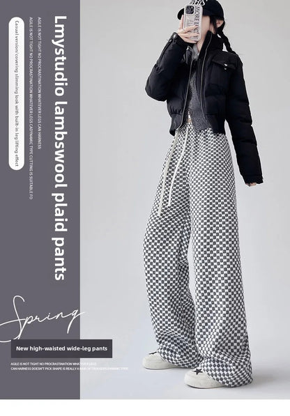 High Waist Wide Leg Pants Women's Autumn Winter New Style Lazy Casual Fleece Woolen Plaid Trousers Fashionable Comfortable
