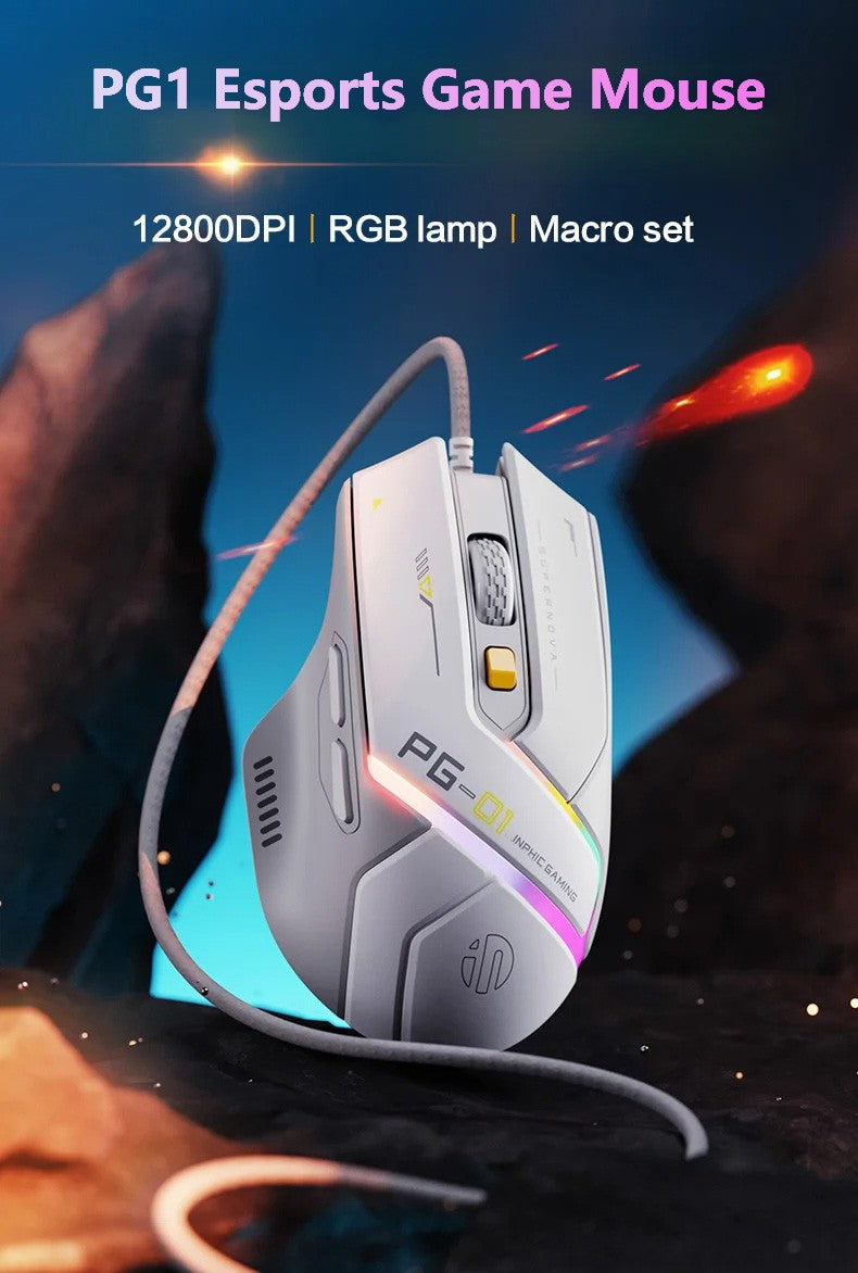 Mouse Inphic PG1 com Fio para Escritório/Jogos com 12 Efeitos de Iluminação RGB e 12800DPI, Adequado para Desktops e Laptops