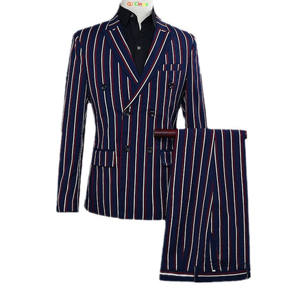 Navy Blue Mens Double-breasted Suit Two-piece Set, White Vertical Striped Jacket Paired with Matching Trousers, Asian Size S-XXL