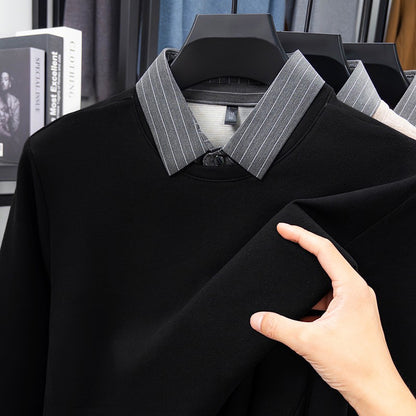 Fake Two-piece Striped Shirt Collar Knitted Sweater Men's Warm and Versatile Casual Woolen Shirt Waffle Top Winter Trend