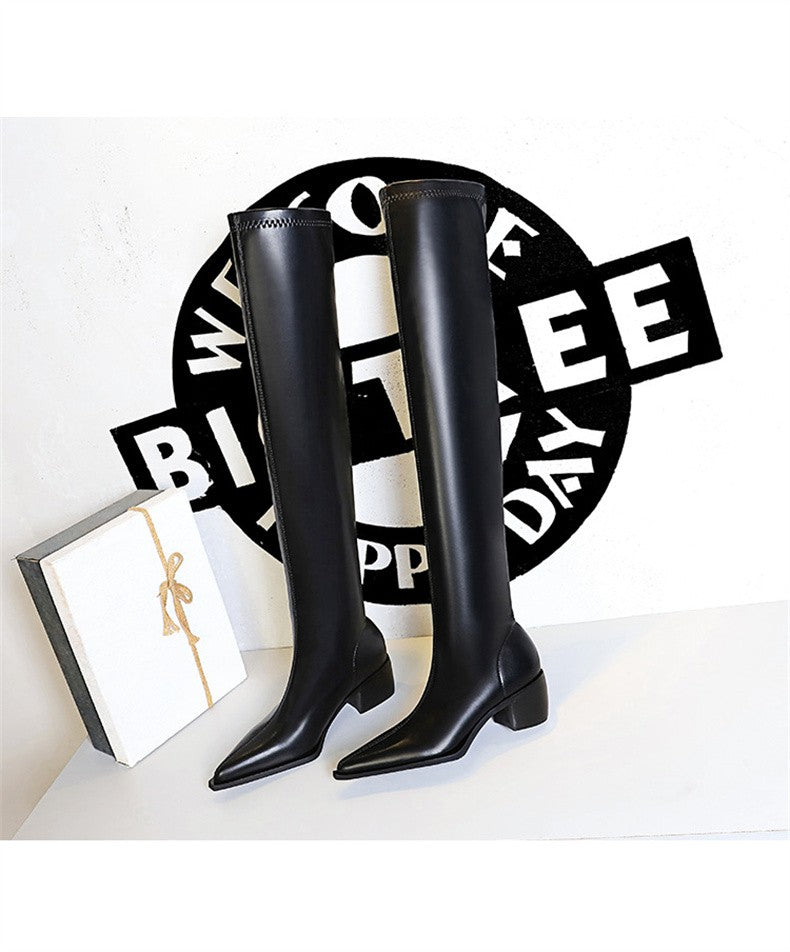 2024 New Autumn Women's Pointed Toe Boots Over-the-Knee Sewing Slip On PU Leather Square Heel Street Style Shoes Black