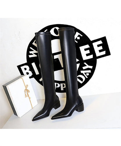 2024 New Autumn Women's Pointed Toe Boots Over-the-Knee Sewing Slip On PU Leather Square Heel Street Style Shoes Black