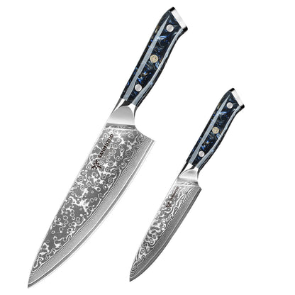 SANMUZUO Conjunto de Facas de Cozinha 2 Peças - Série Xuan Faca de Chef e Faca Utilitária de Aço Damasco Ultra Afiadas - Cabo de Resina para Culinária Diária
