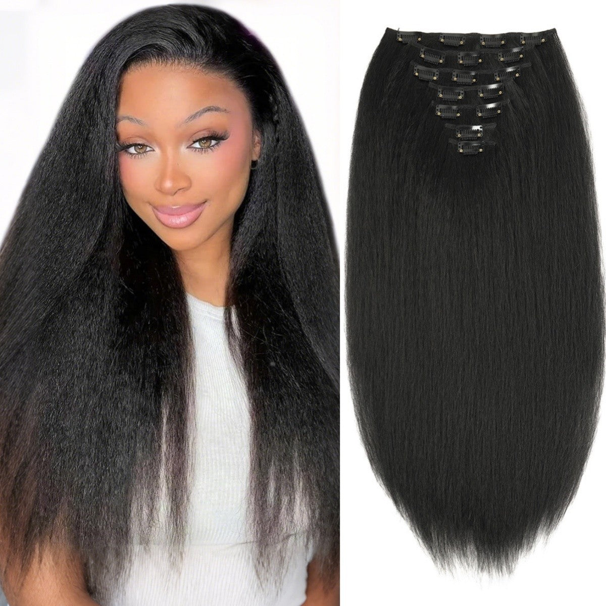 Apliques de Cabelo Sintético Kinky Liso 7 Peças 16 Clipes Yaki Liso 55cm Extensões de Cabelo para Cabeça Cheia