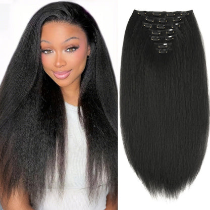 Apliques de Cabelo Sintético Kinky Liso 7 Peças 16 Clipes Yaki Liso 55cm Extensões de Cabelo para Cabeça Cheia