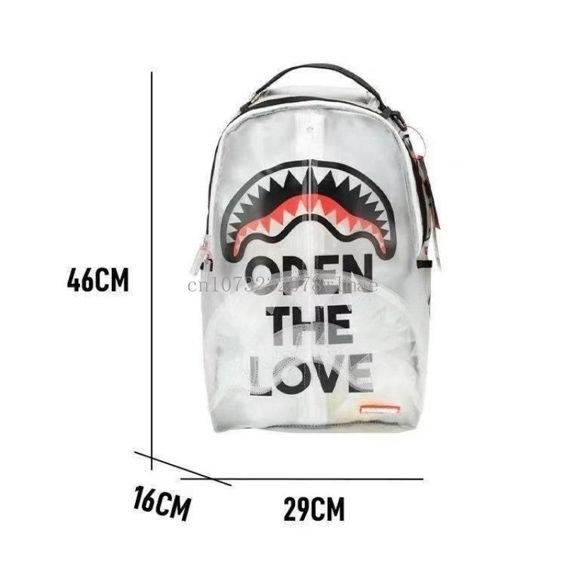 Fashion Shark Letter Transparent Backpack Men Sport Waterproof PVC Clear Plastic Schoolbag Casual Street Large Capacity Rucksack
