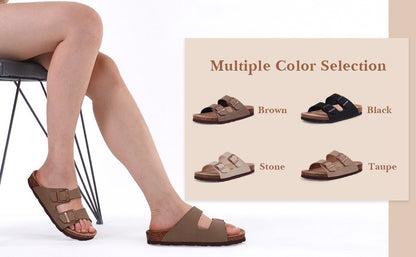 Shevalues Men Classic Leather Sandals Fashion Double Outdoor Beach Shoes Comfort Unisex Cork Footbed Slippers With Arch Support