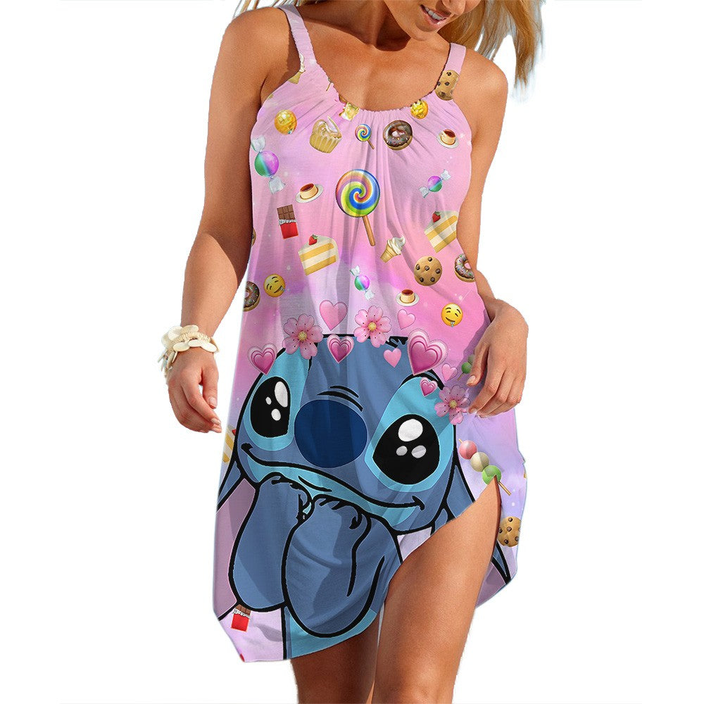 New Summer Girls Disney Stitch Women Fashion Sling Dress Women Sexy Loose Seasid