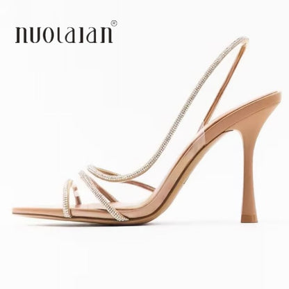 2025 Women Summer Rhinestone Slingback Pumps Office Lady Transparent Heeled Sandals Elegant Pointed Toe Female Sexy High Heels