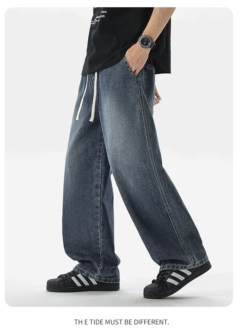 Calça Jeans Masculina Americana Solta Perna Larga Reta Casual Street Hip-hop Folgada Jeans Preto Cinza Azul Streetwear Masculino