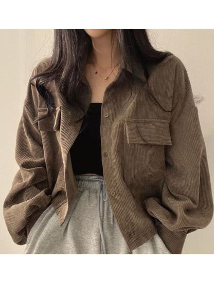 Autumn Retro Versatile Single Breasted Turndown Collar Long Sleeved Jacket for Women Coffee Casual with Pockets Loose Coat