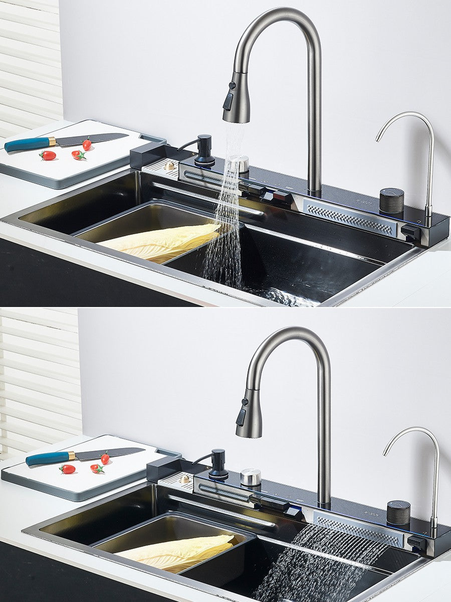 Large 304 Kitchen Sinks 75x45cm Stainless Steel Kitchen Waterfall Sink Digital Display Large Single Sink Dish Washer Faucet