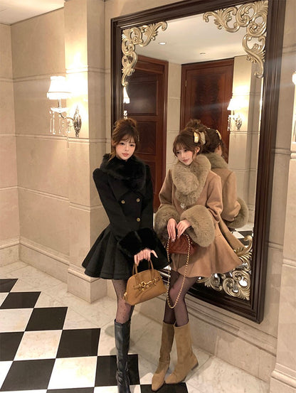Vintage Black Wool Blends Coats Women Elegant Faux Collar Woolen Jacket Korean Long Sleeve Outerwears Winter Design Overcoat New