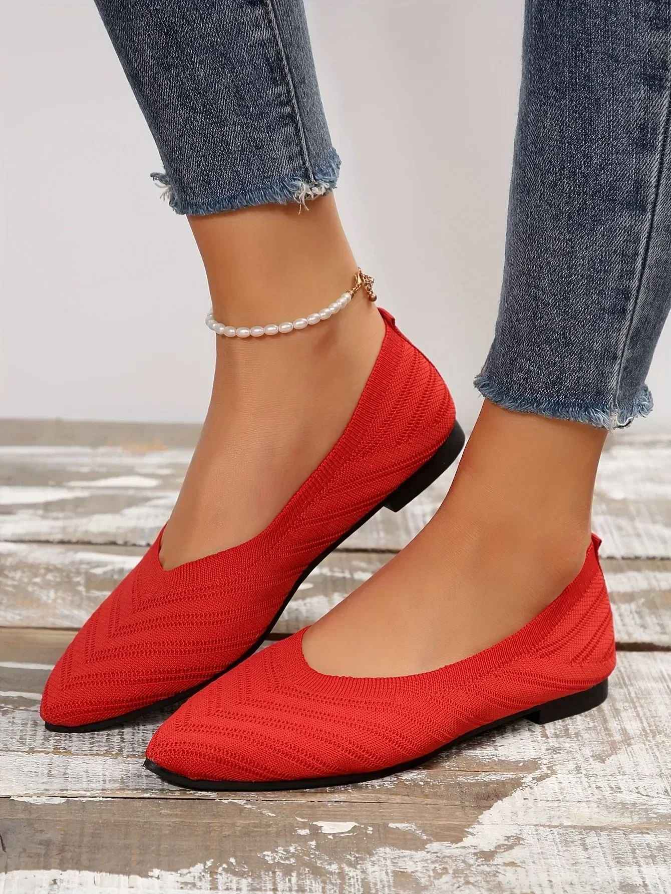 New 2024 Pointed Toe Flat Office Boat Solid Color Knitted Slip on Shoes Casual Ballet Flats Shoes Women Loafers Zapatos De Mujer