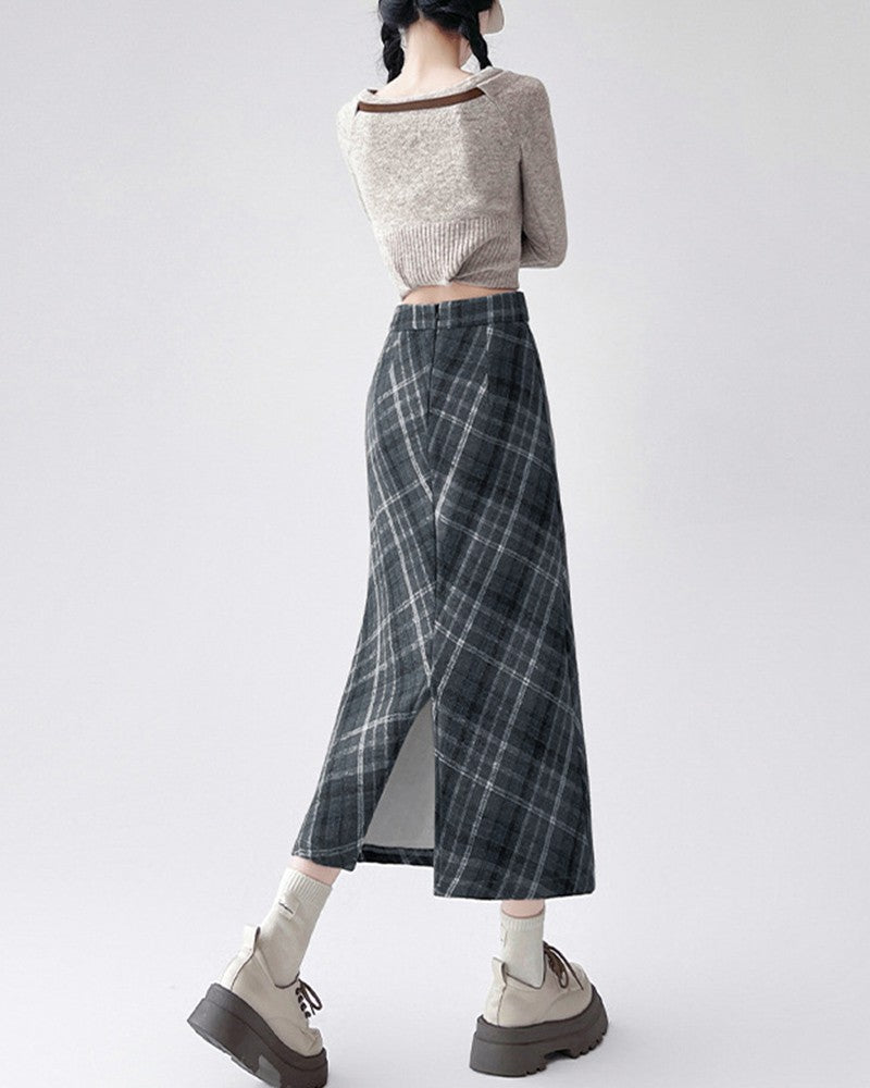 2025 Autumn Vintage Woolen Plaid Skirts Lady Elegant High Waist Slimming A-Line Skirt Women Korean Streetwear Slit Long Skirt