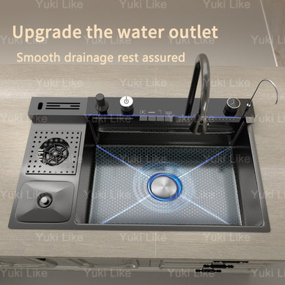 Stainless Steel Waterfall Kitchen Sink Digital Display Extra Large Single Bowl Multifunctional Household Vegetable Washing Sink