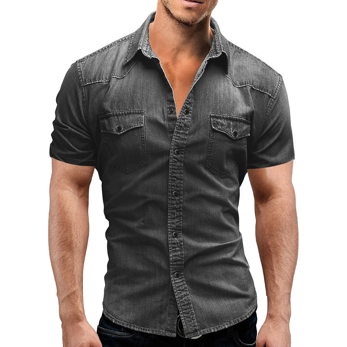 Men Summer Denim Thin Shirt Short Sleeve Soft Cotton Two Pockets Slim Slight Elastic Jeans Cowboy Shirt Clothing 2025