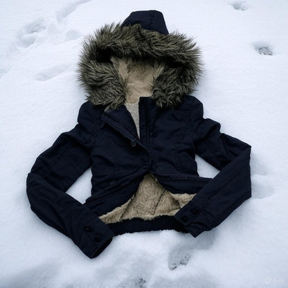 Gothic Y2K Womens Vintage Fur Trimmed Hooded Jacket Autumn Winter Black Shearling Lined Zipper Coat Warm Casual Winter Outerwear