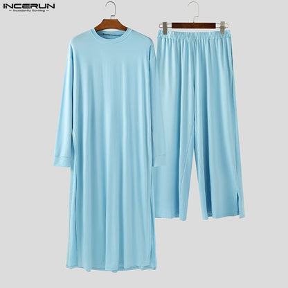 INCERUN Men Sets Solid Color Long Sleeve Long Style T Shirt & Pants Two Pieces Sets Loose Streetwear Fashion Casual Men Suits