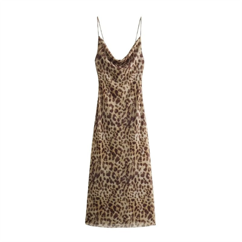 MUJER Leopard Print Tulle Slip Dress Woman Backless Summer Long Dresses For Wome