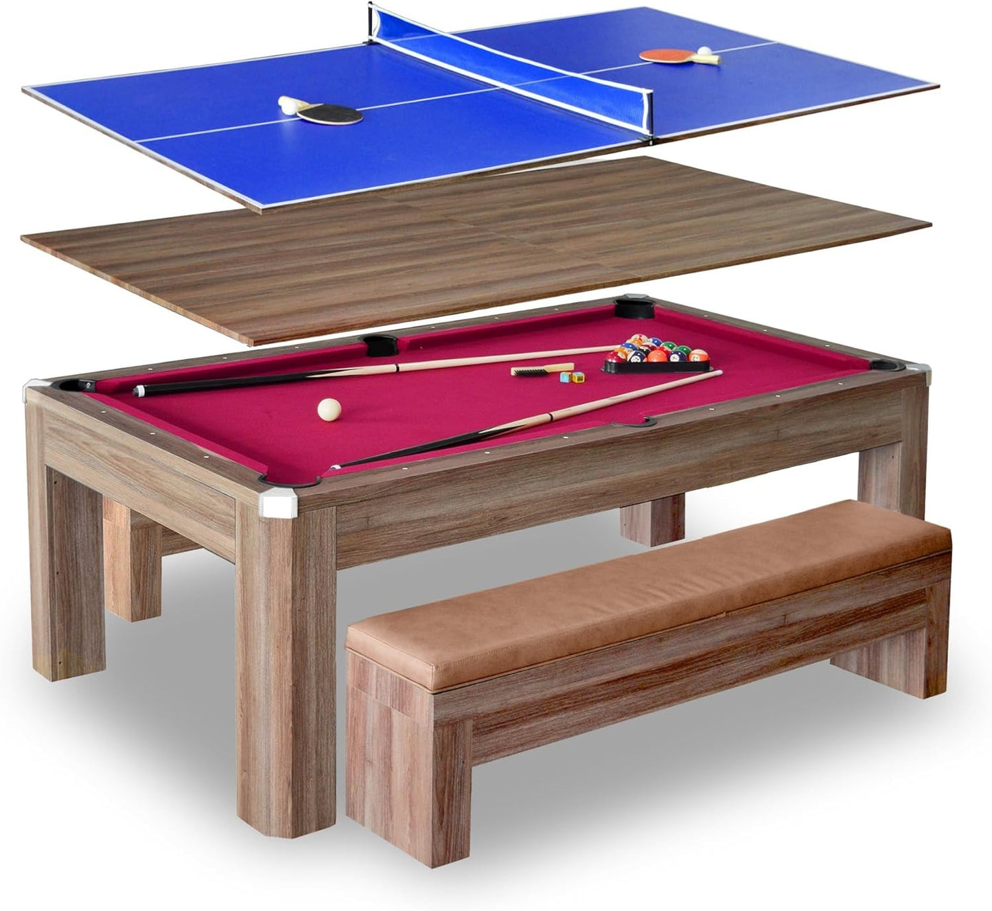 7 Foot Dining Pool Table Combo with Game Accessories 2 Benches Multifunctional Billiards Table with Ping Pong Dining Top Light
