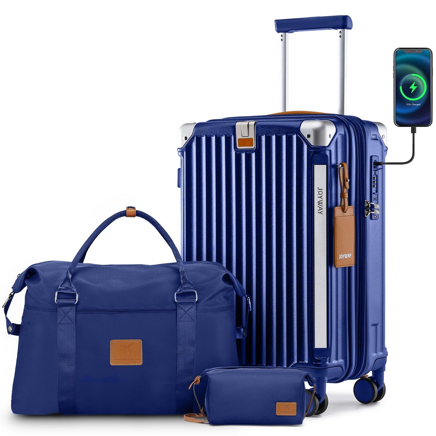 Conjuntos de Bagagem Joyway 3 Peças, Malas Expansíveis com Porta-Copos Inteligente e Porta USB, Malas Rígidas de Bordo e Despachadas com Cadeado TSA