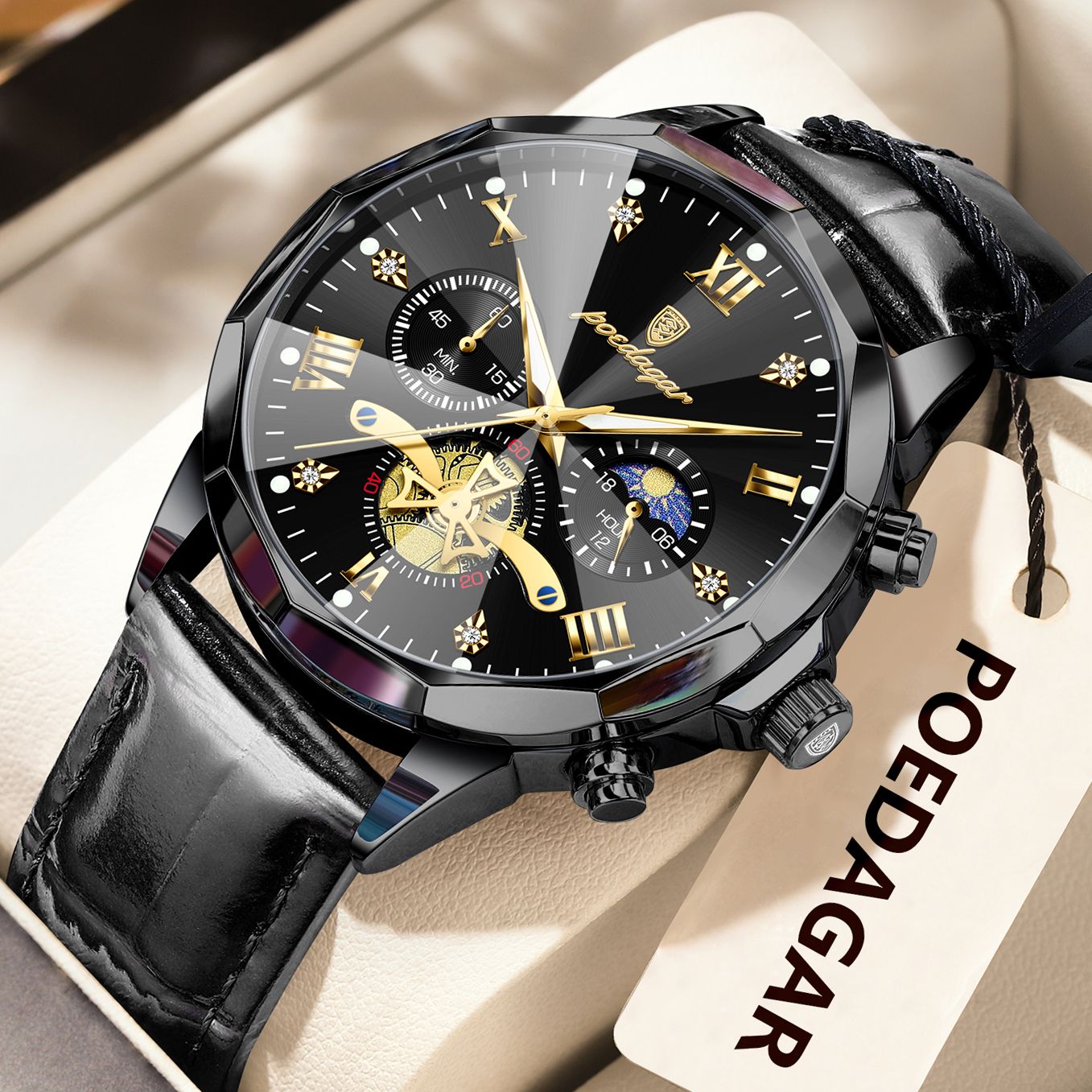 POEDAGAR Relógio de Pulso Militar de Luxo Masculino Quartzo Impermeável Luminoso Cronógrafo Couro Masculino Relógio Esportivo Masculino Relógio Masculino