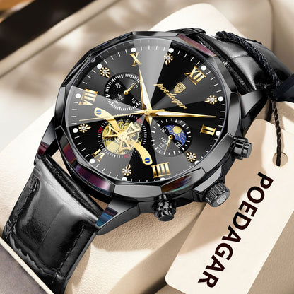 POEDAGAR Relógio de Pulso Militar de Luxo Masculino Quartzo Impermeável Luminoso Cronógrafo Couro Masculino Relógio Esportivo Masculino Relógio Masculino