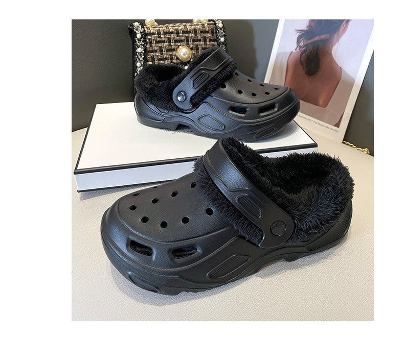 Plush slippers 2025 new winter men's and women's thick high heels soft-soled beach garden shoes home plush ripped slippers