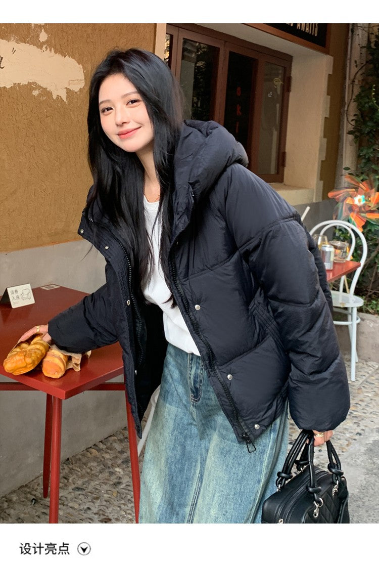 Korean Winter Women Black Beige Hood Zipper Down Jacket Ladies Blue Single Breasted Short Warm Thick Bread Coat Streetwear Trend