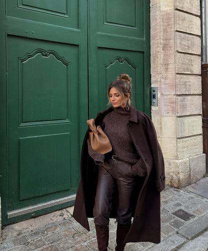 Brown Women Retro Woolen Warm Overcoat Solid Lapel Waist Cinching Single Breasted Loose Coat 2025 Lady Winter Street Warm Wear