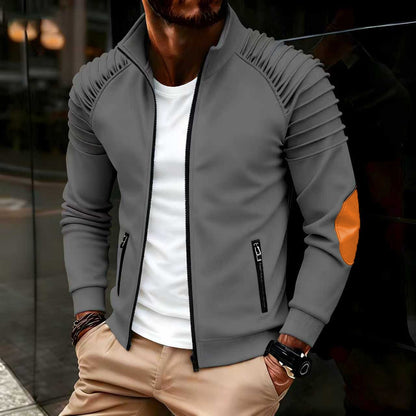 Men's jacket with zipper front, pleated sleeves, relaxed stand-up collar, long sleeves, suitable for autumn and winter tops