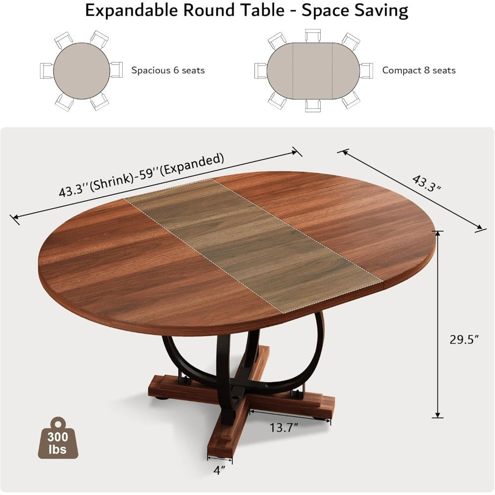 59'' Extendable Round Dining Table for 4 to 6, Kitchen Table with Sturdy X-Base Metal Legs, MDF Board with Backboard Clasp