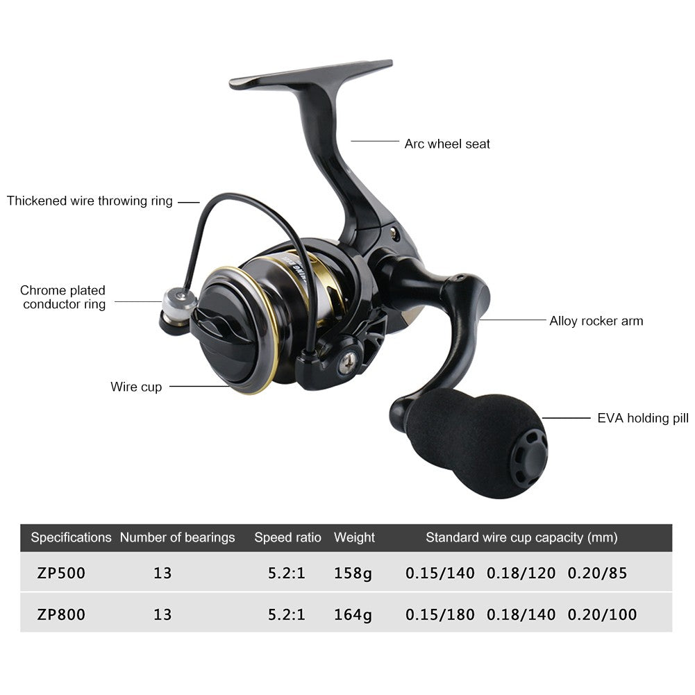 Molinete de Pesca Leve ZP Série 500/800 com Cabo EVA 13+1BB Relação de Transmissão de Alta Velocidade 5.2:1 Mini Molinete Carretel de Metal