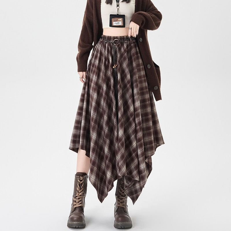 Women Skirt Plaid High Waisted Elastic A Line Mid Length Korean Style Fashion Retro Versatile Irregular Autumn Skirt