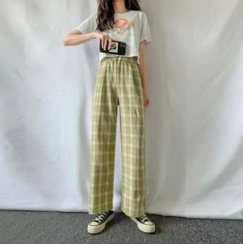 Lamb Velvet Fleece Lined Plaid Wide Leg Pants High Waist Straight Cut Winter New Casual Trousers for Women Korean Style