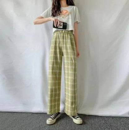 Lamb Velvet Fleece Lined Plaid Wide Leg Pants High Waist Straight Cut Winter New Casual Trousers for Women Korean Style