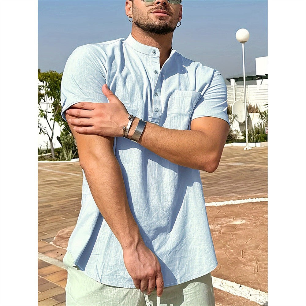 Summer Hot Sale Men's T-shirt Cotton Linen Henley Neck Casual Breathable Lightweight Solid Color Pocket Button Tops