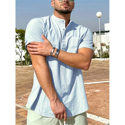 Summer Hot Sale Men's Cotton Linen T-shirt Henley Neck Casual Breathable Lightweight Solid Color Pocket Fashion Button Tops