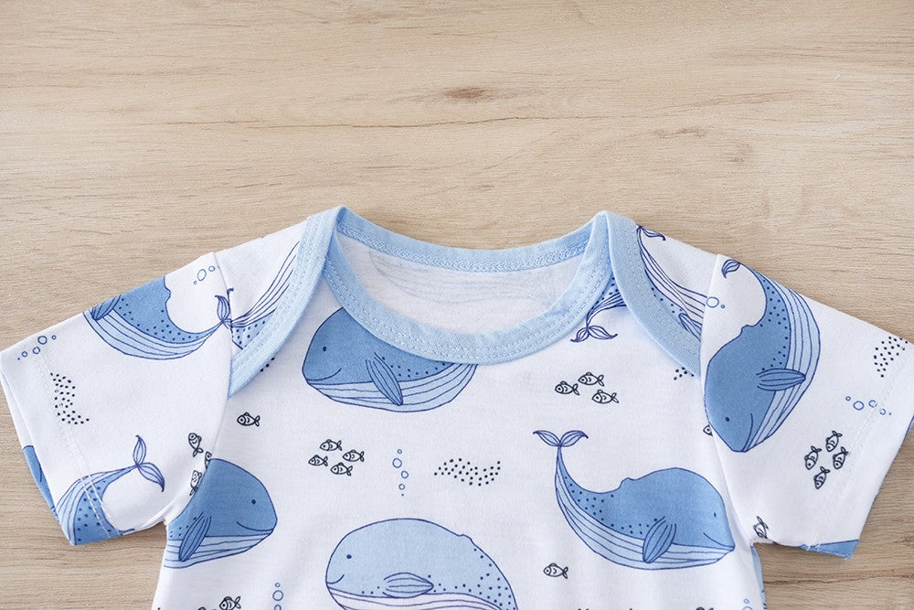 IURNXB Baby Romper Short Sleeve Infant Whale Print Bodysuit Newborn Cartoon Allover Printed Onesie for Boy's Clothing 0-18M