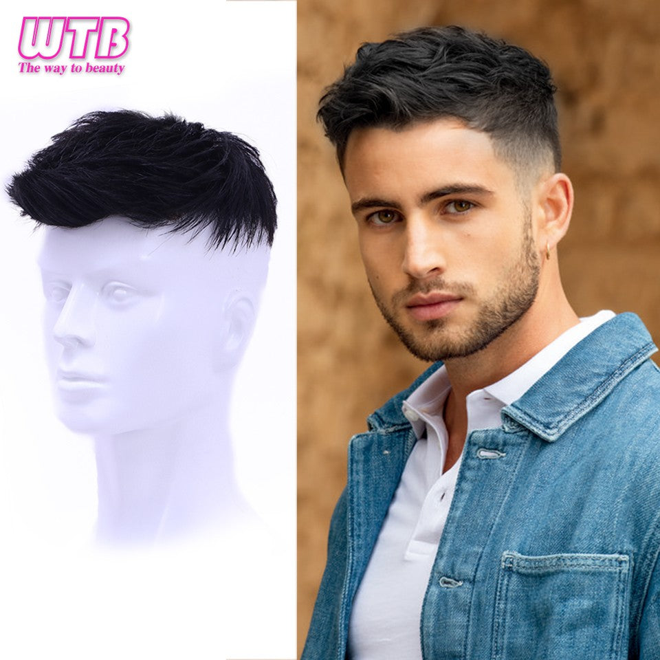 Peruca Curta Masculina de Cabelo Sintético Natural para Homens Jovens com Calvície, Queda de Cabelo, Linha Fina Alta, Aplique com Clipes